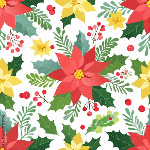 Watercolor poinsettia bouquets with candy canes and berry branches seamless pattern
1