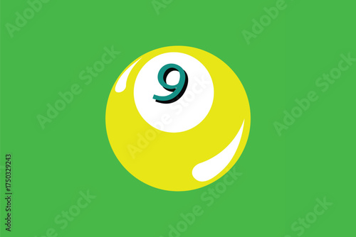 Billiard Ball Illustration Number 9 on a Yellow Pool Ball Against Green Background