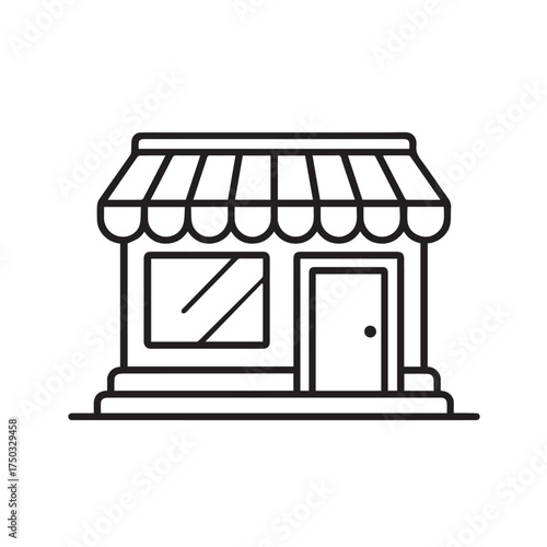 A minimalist vector icon showing a mini market storefront in black and white, featuring precise black outlines for clarity, harmony, and visual simplicity.