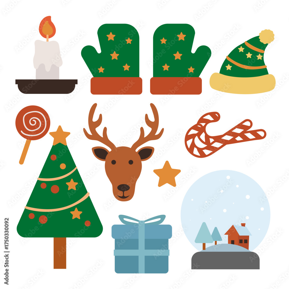 Naklejka premium Christmas Elements Flat Design Collection Set with Santa Hat Reindeer and Candy Cane.Vector Illustration