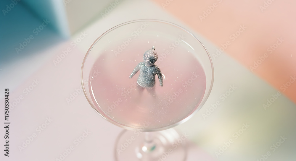 Obraz premium miniature glittering humanoid figure floating in clear cocktail glass filled with liquid