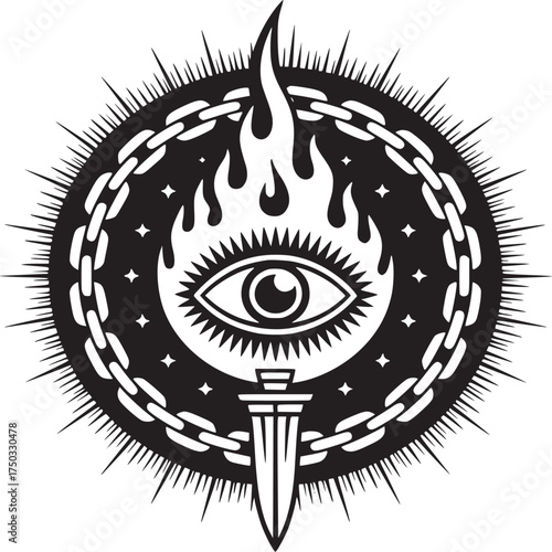 Intricate all-seeing eye tattoo design with sword and fire elements for spiritual and edgy projects