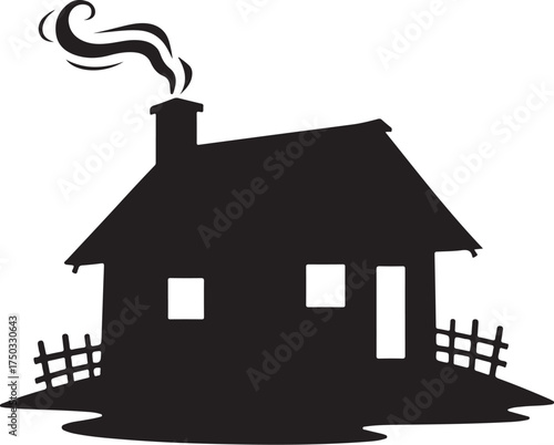 Black silhouette of a house with smoke from chimney and fence