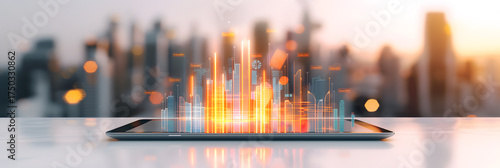 blurry photo of office space with business hologram for background