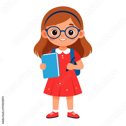 Cartoon girl with glasses red dress book and backpack ready for school.