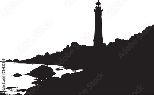 Black silhouette of a lighthouse on a rocky coastline