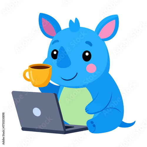 Cartoon Rhino Working on Laptop with Coffee.