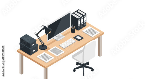A clean and organized isometric workspace with a computer desk and chair.