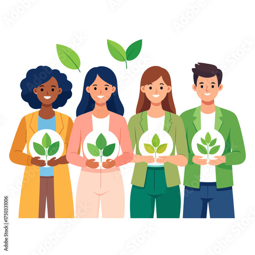Diverse Group Promoting Environmental Conservation with Seedlings.