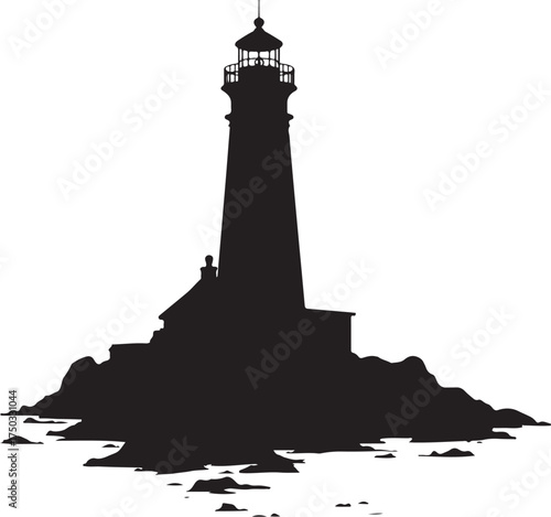 Black silhouette of a lighthouse on a rocky shore black and white