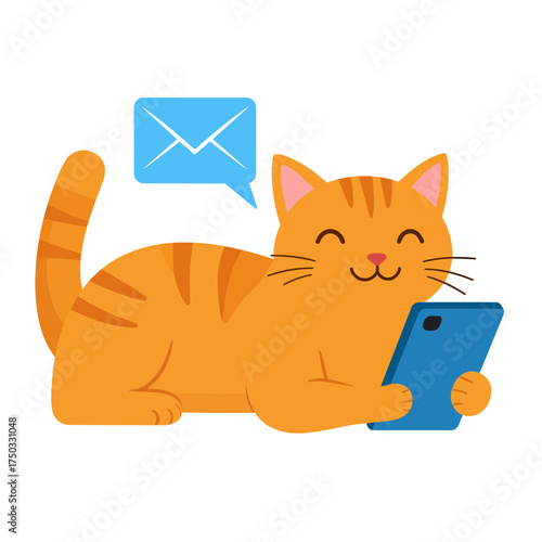 Ginger Cat Texting on Smartphone with Email Notification.