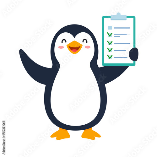 Happy Penguin Holding a Checklist with Completed Tasks.