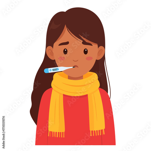 Illustration of a Sick Woman with Thermometer and Scarf.