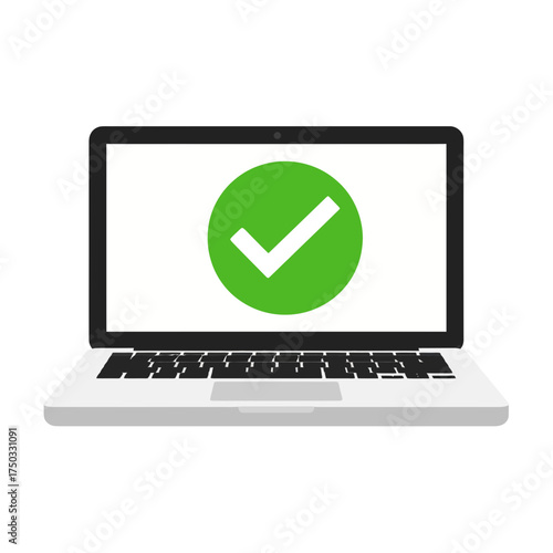 Laptop displaying a green checkmark indicating success or completion.