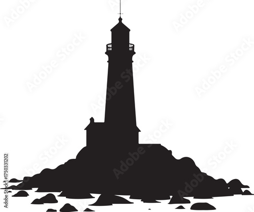 Black silhouette of a lighthouse on a rocky shore black and white
