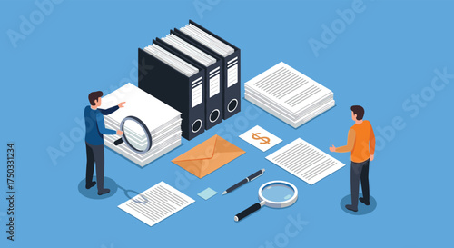 Analyzing documents and files with magnifying glasses and folders in office setting.