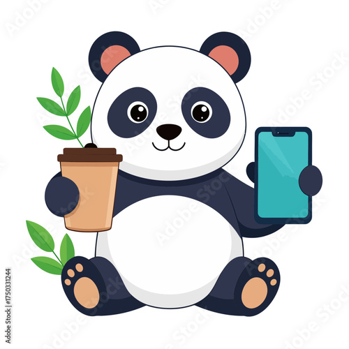 Cartoon Panda with Coffee and Phone A Modern Bear.