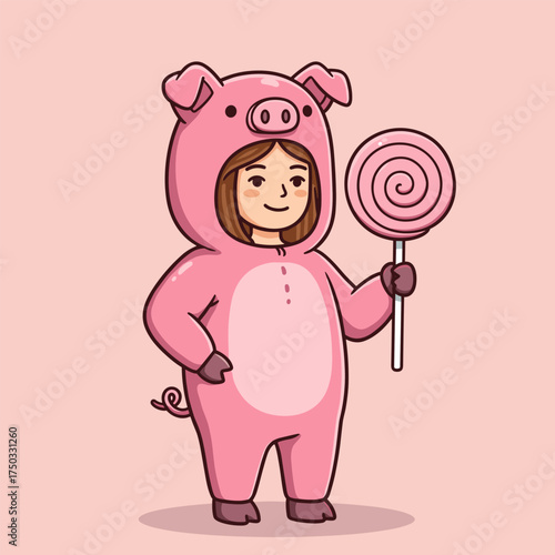 Child in pink pig costume holding a spiral lollipop, set against a light pink background—cute and festive.