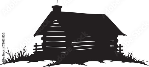 Black silhouette of a log cabin with a chimney and fence