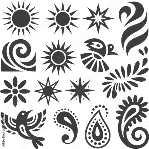 Sun star flower bird paisley wave swirl decorative design element pattern set