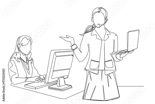 Single line drawing of a woman operator in a headset, working at a desk, giving a thumbs up during a customer service call with a computer in front of her in a professional setting
