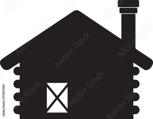 Black silhouette of a log cabin with a chimney and window