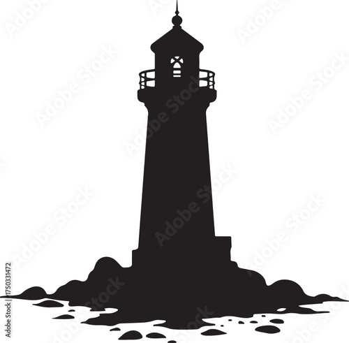 Black silhouette of a lighthouse on rocky shore white