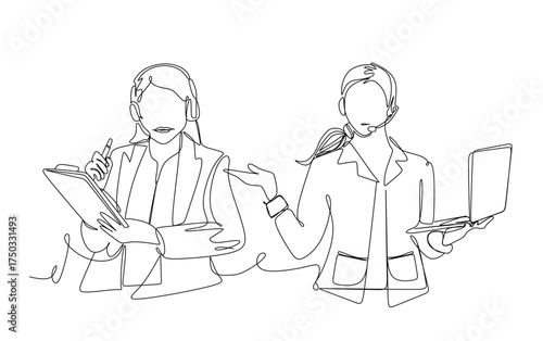 Single line drawing of a woman operator in a headset, working at a desk, giving a thumbs up during a customer service call with a computer in front of her in a professional setting