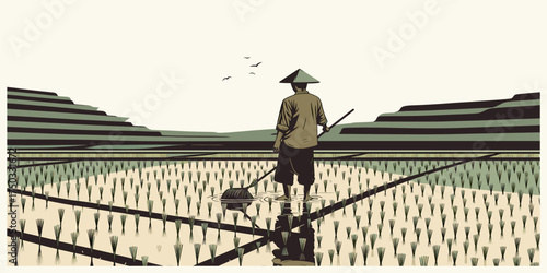 A lone farmer diligently works in a vibrant rice paddy field, cultivating the essential crop under the open sky with traditional methods