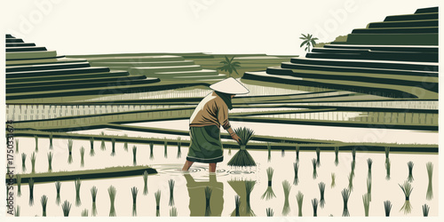 Rice Farmer Working in a Terrace Field Illustration