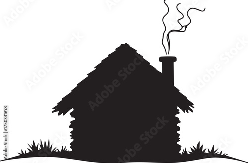 Black silhouette of a log cabin with smoke coming from chimney