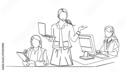 Single line drawing of a woman operator in a headset, working at a desk, giving a thumbs up during a customer service call with a computer in front of her in a professional setting