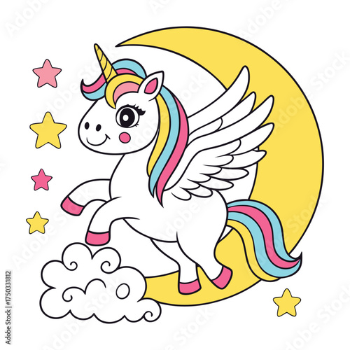 Adorable cartoon winged unicorn with rainbow mane and tail prancing playfully in front of a large yellow crescent moon surrounded by twinkling stars and fluffy clouds