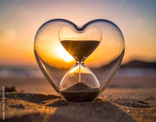 Time's Embrace: An hourglass, cradled within a heart-shaped glass, captures the fleeting essence of time and love against a warm sunset backdrop.
