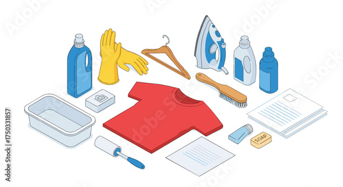 A collection of laundry day essentials including detergent bottles gloves and an iron.