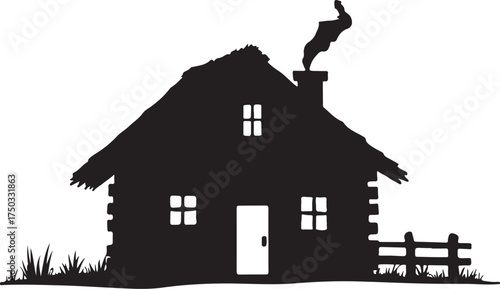 Black silhouette of a log cabin with smoking chimney and fence
