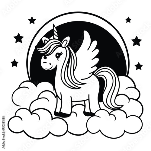 Whimsical black and white line art illustration of a cute winged unicorn standing on fluffy clouds under a crescent moon and stars