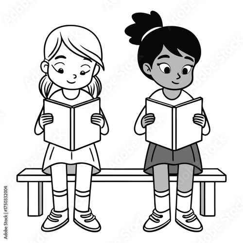Two diverse young girls with different hair colors and skin tones sitting side by side on a bench reading books together in a black and white illustration
