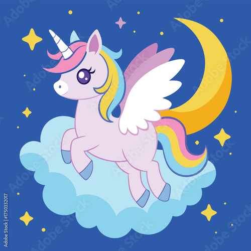 Whimsical illustration of a magical winged unicorn with a rainbow mane and tail soaring through a starry night sky on a fluffy cloud next to a crescent moon