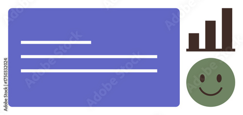 Bar chart, green happy face, and lines on a purple background suggest positive growth, progress, and achievements. Ideal for business, success, motivation, performance analytics education simple