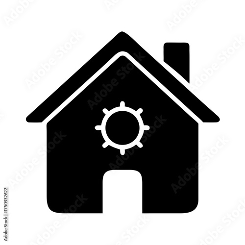 Black house with sun symbol on the front and chimney