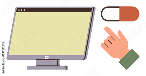 Computer monitor, medicine capsule, and pointing hand gesture highlight digital healthcare, medical access, pharmaceutical services, e-prescription solutions, online pharmacy, web search, simple flat