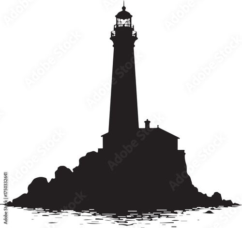 Black silhouette of a tall lighthouse on rocky shore