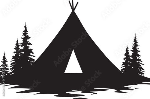 Black silhouette of a teepee and pine trees tipi tent