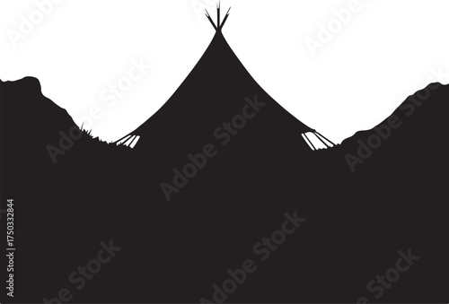Black silhouette of a teepee in a mountainous landscape