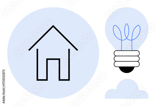 Simple house outline paired with light bulb featuring plant-thumbs up filaments inside over blue accents. Ideal for sustainability, innovation, eco-living, technology, renewable energy, smart homes