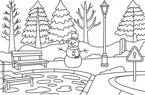 Winter Park Scene with Snowman and Benches Outline illustration vector