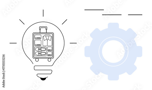 Lightbulb with suitcase contents inside and a gear symbol. Represents innovation, organization, travel efficiency, business productivity, problem-solving, technology, and creative thinking. Perfect