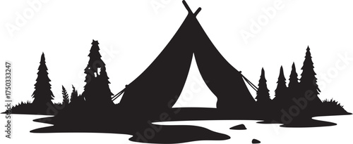 Black silhouette of a teepee tent with pine trees and water