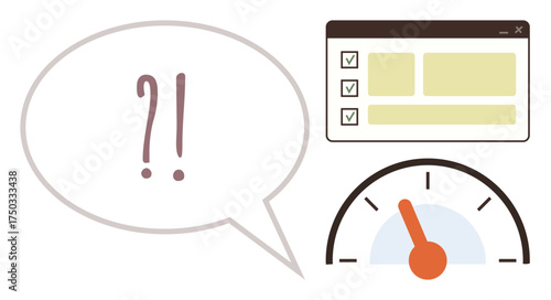 Checklist interface, speedometer, and speech bubble with exclamationquestion marks. Ideal for productivity, evaluation, feedback, speed, efficiency decisions work improvement. Minimal flat metaphor